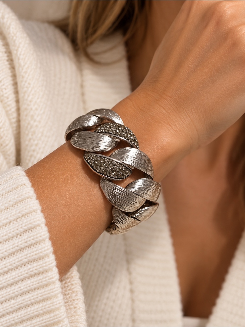 Chunky Silver Tone Braided Statement Bracelet Crystal Accents Magnetic Clasp